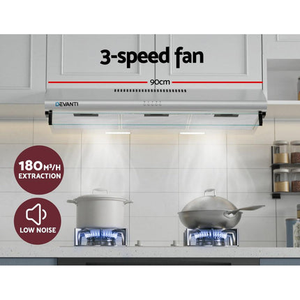 Devanti 900mm Range Hood 90cm Rangehood Stainless Steel.