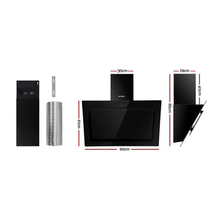 Devanti 900mm Range Hood 90cm Rangehood Glass Black.