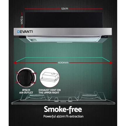Devanti 600mm Range Hood 60cm Slide out Rangehood Stainless Steel.
