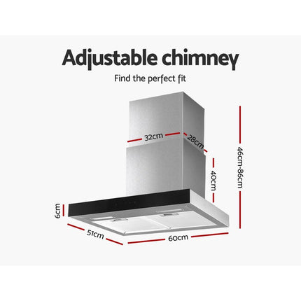 Devanti 600mm Range Hood 60cm Rangehood Glass Stainless Steel.