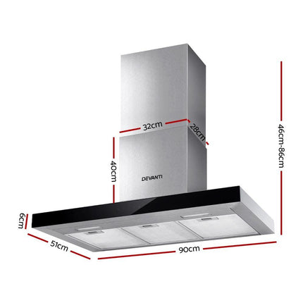 Devanti 900mm Range Hood 90cm Rangehood Glass Stainless Steel.