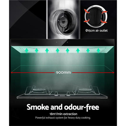 Devanti 900mm Range Hood 90cm Rangehood Glass Stainless Steel.