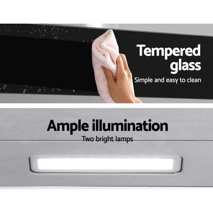 Devanti 900mm Range Hood 90cm Rangehood Glass Stainless Steel.