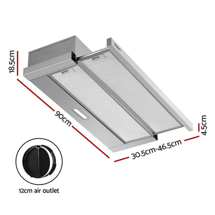 Devanti 900mm Range Hood 90cm Slide out Rangehood Stainless Steel.