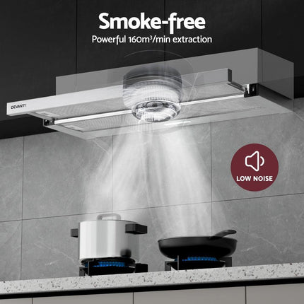 Devanti 900mm Range Hood 90cm Slide out Rangehood Stainless Steel.
