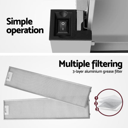 Devanti 900mm Range Hood 90cm Slide out Rangehood Stainless Steel.
