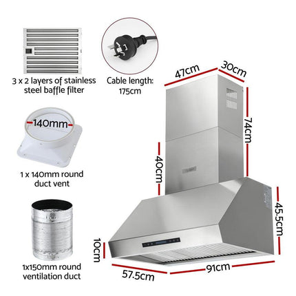 Devanti 900mm Range Hood 3-Speed Fan LED Display Remote Control.