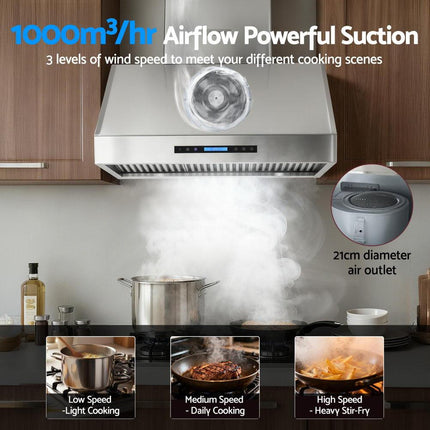 Devanti 900mm Range Hood 3-Speed Fan LED Display Remote Control.