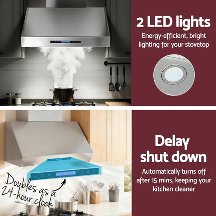Devanti 900mm Range Hood 3-Speed Fan LED Display Remote Control.
