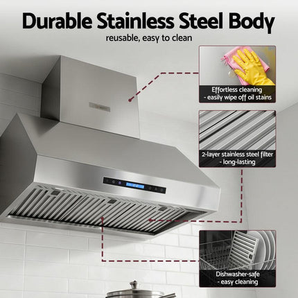 Devanti 900mm Range Hood 3-Speed Fan LED Display Remote Control.