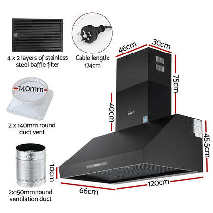 Devanti 1200mm Commercial BBQ Range Hood Dual Motor W/ Remote Control Black.