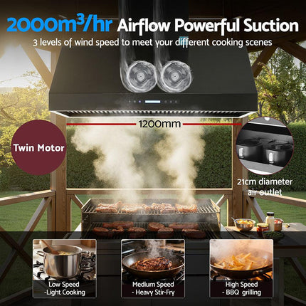 Devanti 1200mm Commercial BBQ Range Hood Dual Motor W/ Remote Control Black.