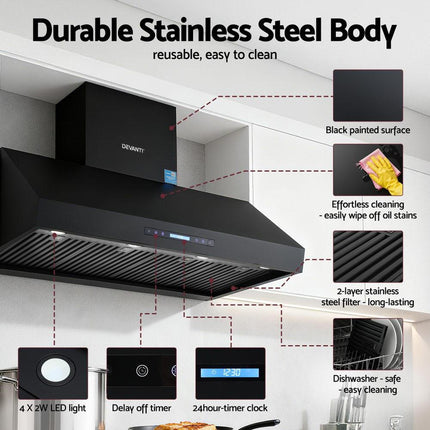 Devanti 1200mm Commercial BBQ Range Hood Dual Motor W/ Remote Control Black.