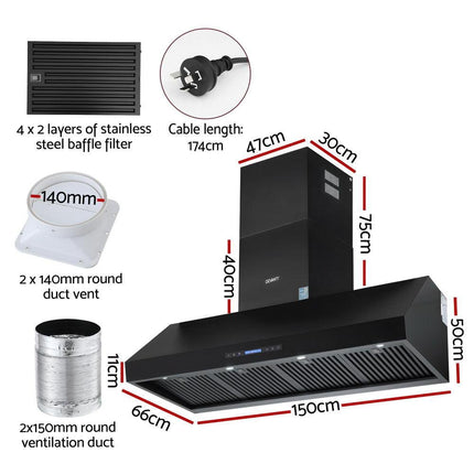 Devanti 1500mm Commercial BBQ Range Hood Dual Motor W/ Remote Control Black.