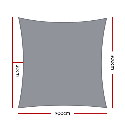 Instahut Shade Sail 3x3m Square 280GSM 98% Grey Shade Cloth.