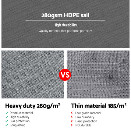 Instahut Shade Sail 4x5m Rectangle 280GSM 98% Grey Shade Cloth.
