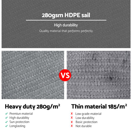 Instahut Shade Sail 5x5x5m Triangle 280GSM 98% Grey Shade Cloth.