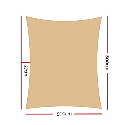Instahut Shade Sail 5x6m Rectangle 280GSM 98% Sand Shade Cloth.