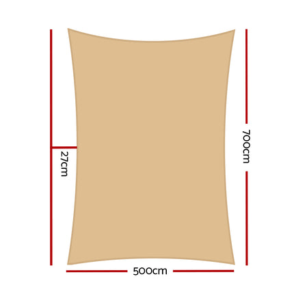 Instahut Shade Sail 5x7m Rectangle 280GSM 98% Sand Shade Cloth.