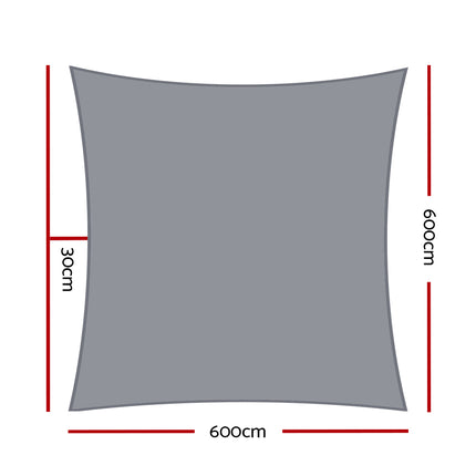 Instahut Shade Sail 6x6m Rectangle 280GSM 98% Grey Shade Cloth.