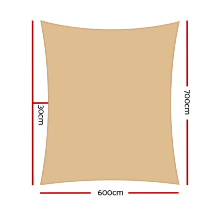 Instahut Shade Sail 6x7m Rectangle 280GSM 98% Sand Shade Cloth.
