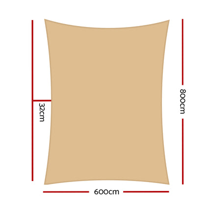 Instahut Shade Sail 6x8m Rectangle 280GSM 98% Sand Shade Cloth.