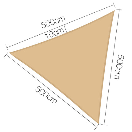 Instahut Shade Sail 5x5x5m Triangle 185GSM 95% Sand Shade Cloth.