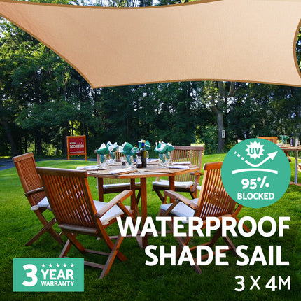 Instahut Waterproof Shade Sail 3x4m Rectangle Sand 95% Shade Cloth.
