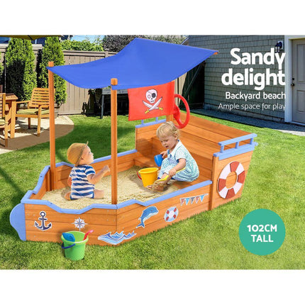 Keezi Kids Sandpit Wooden Boat Sand Pit with Canopy Bench Seat Beach Toys 165cm.