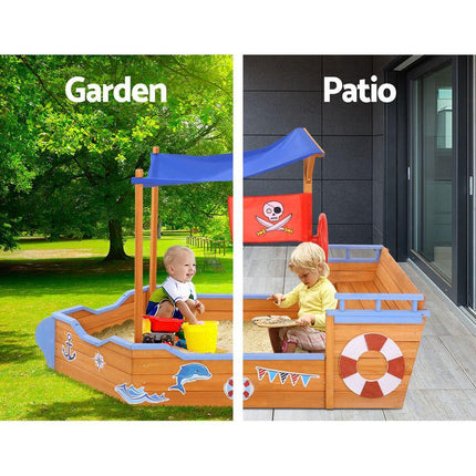 Keezi Kids Sandpit Wooden Boat Sand Pit with Canopy Bench Seat Beach Toys 165cm.
