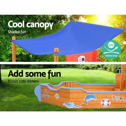 Keezi Kids Sandpit Wooden Boat Sand Pit with Canopy Bench Seat Beach Toys 165cm.
