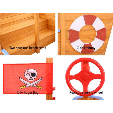 Keezi Kids Sandpit Wooden Boat Sand Pit with Canopy Bench Seat Beach Toys 165cm.