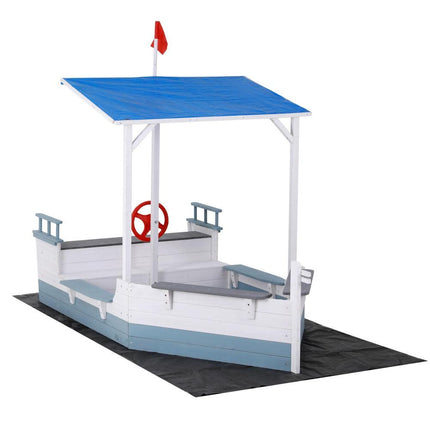 Keezi Kids Sandpit Wooden Box Boat Canopy Flag Outdoor Toys Children Blue.