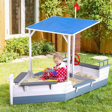 Keezi Kids Sandpit Wooden Box Boat Canopy Flag Outdoor Toys Children Blue.