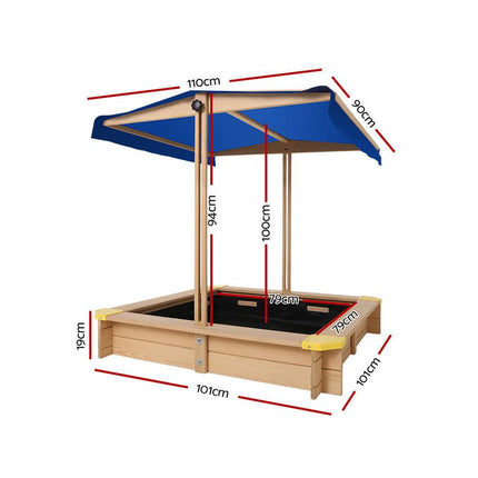 Keezi Kids Sandpit Wooden Sandbox Sand Pit with Canopy Bench Seat Toys 101cm.