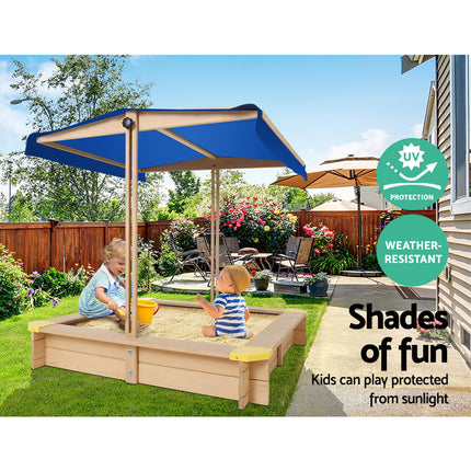 Keezi Kids Sandpit Wooden Sandbox Sand Pit with Canopy Bench Seat Toys 101cm.