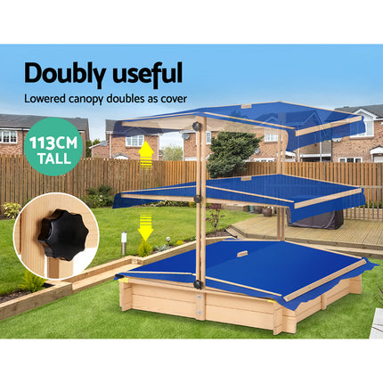 Keezi Kids Sandpit Wooden Sandbox Sand Pit with Canopy Bench Seat Toys 101cm.
