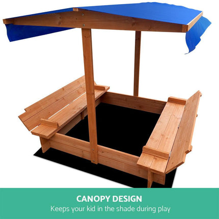 Keezi Kids Sandpit Wooden Sandbox Sand Pit with Canopy Foldable Seat Toys 120cm.