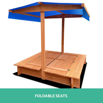 Keezi Kids Sandpit Wooden Sandbox Sand Pit with Canopy Foldable Seat Toys 120cm.