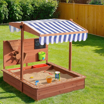 Keezi Kids Sandpit Wooden Canopy Sandbox With Cover Funnel Outdoor Toys 110cm.