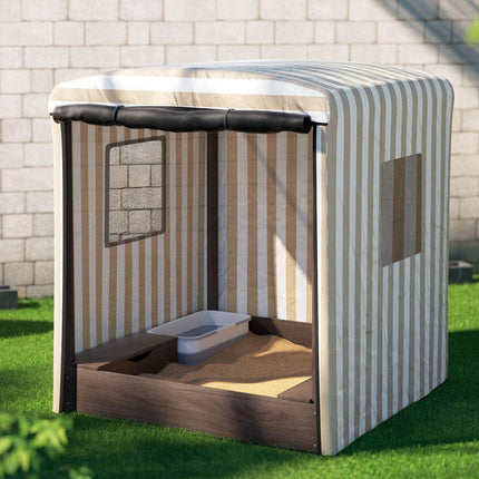 Keezi Kids Sandpit Wooden Sandbox Sand Pit with Canopy Window Water Basin 120cm.