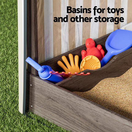 Keezi Kids Sandpit Wooden Sandbox Sand Pit with Canopy Window Water Basin 120cm.