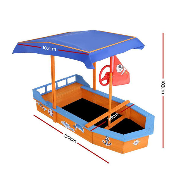 Keezi Kids Sandpit Wooden Boat Sand Pit with Canopy Bench Seat Beach Toys 150cm.