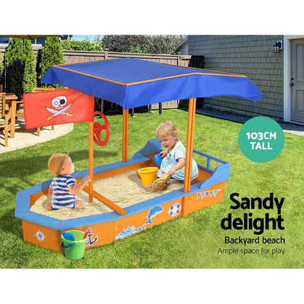 Keezi Kids Sandpit Wooden Boat Sand Pit with Canopy Bench Seat Beach Toys 150cm.