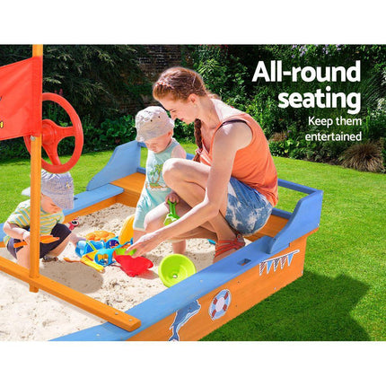 Keezi Kids Sandpit Wooden Boat Sand Pit with Canopy Bench Seat Beach Toys 150cm.