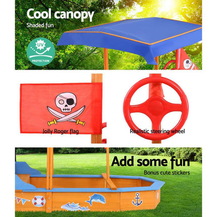 Keezi Kids Sandpit Wooden Boat Sand Pit with Canopy Bench Seat Beach Toys 150cm.