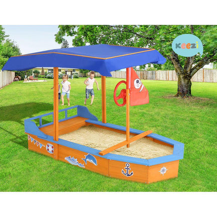 Keezi Kids Sandpit Wooden Boat Sand Pit with Canopy Bench Seat Beach Toys 150cm.