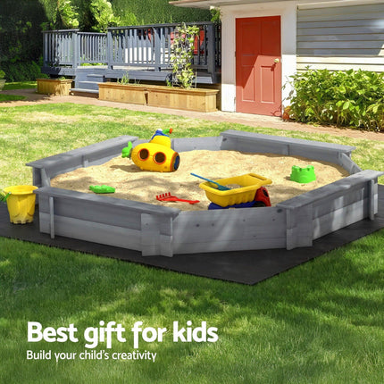 Keezi Kids Sandpit Wooden Round Sand Pit with Cover Bench Seat Beach Toys 182cm Grey.