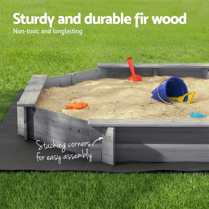 Keezi Kids Sandpit Wooden Round Sand Pit with Cover Bench Seat Beach Toys 182cm Grey.