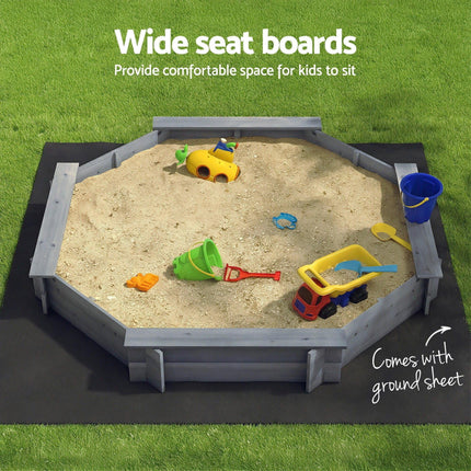 Keezi Kids Sandpit Wooden Round Sand Pit with Cover Bench Seat Beach Toys 182cm Grey.